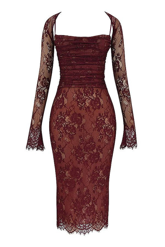 Olivia | Burgundy Lace Midi Dress - Rich & Romantic