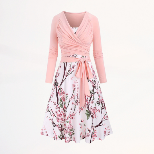 Olivia™ - Elegant Two-Tone Floral Pattern Dress in Pink