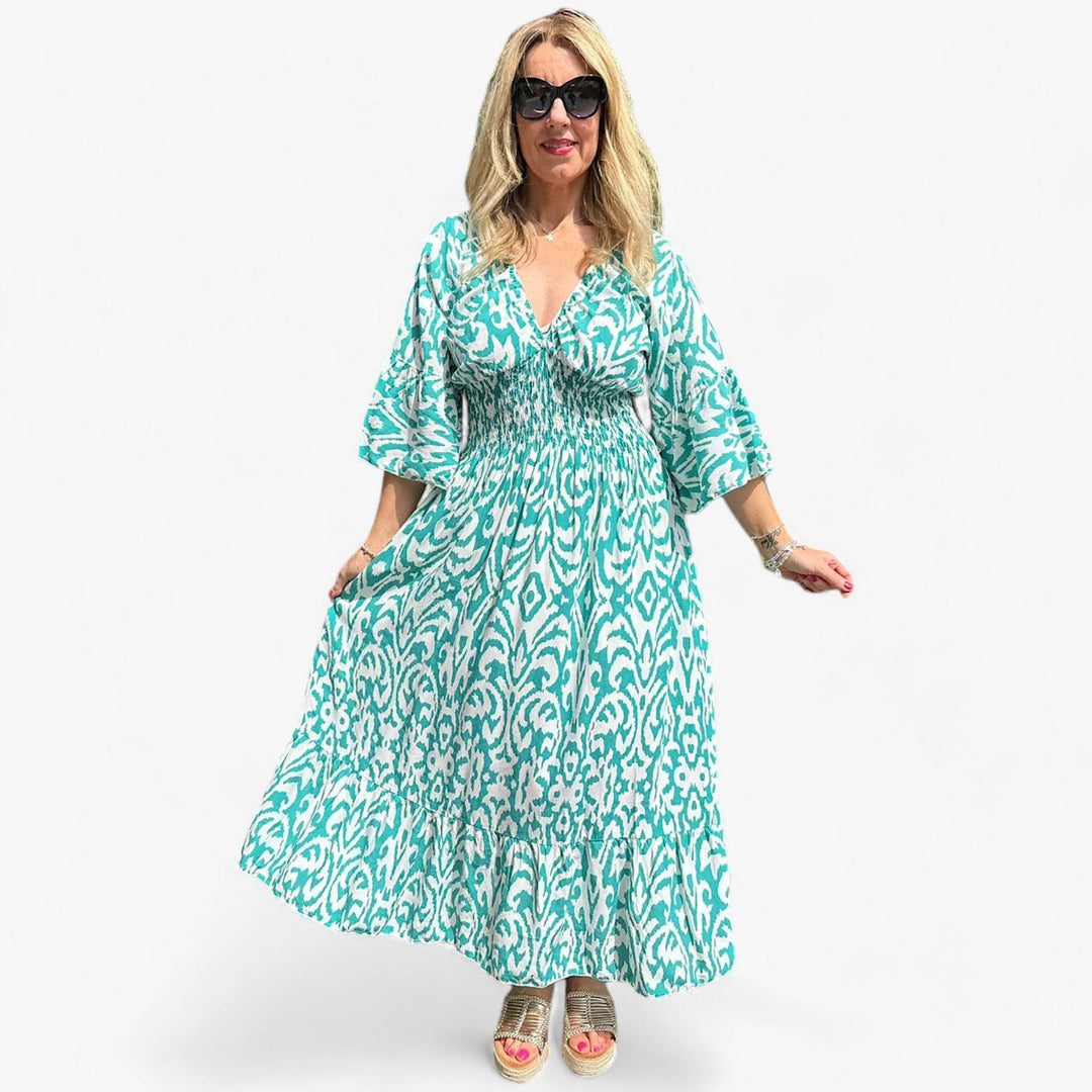 FLORA - Large Floral Dress with V Neck - Perfect for Beach Vacations