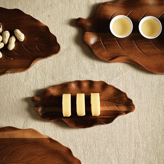 Artistic wooden serving platter with walnut leaves | Eco-friendly elegance for desserts, snacks, and jewelry