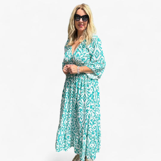 FLORA - Large Floral Dress with V Neck - Perfect for Beach Vacations