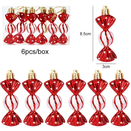 Starry | Set of 6 Christmas Tree Ornaments - Festive Decorations in Red Candy and Snowflake