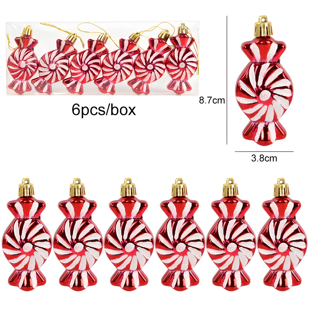 Starry | Set of 6 Christmas Tree Ornaments - Festive Decorations in Red Candy and Snowflake