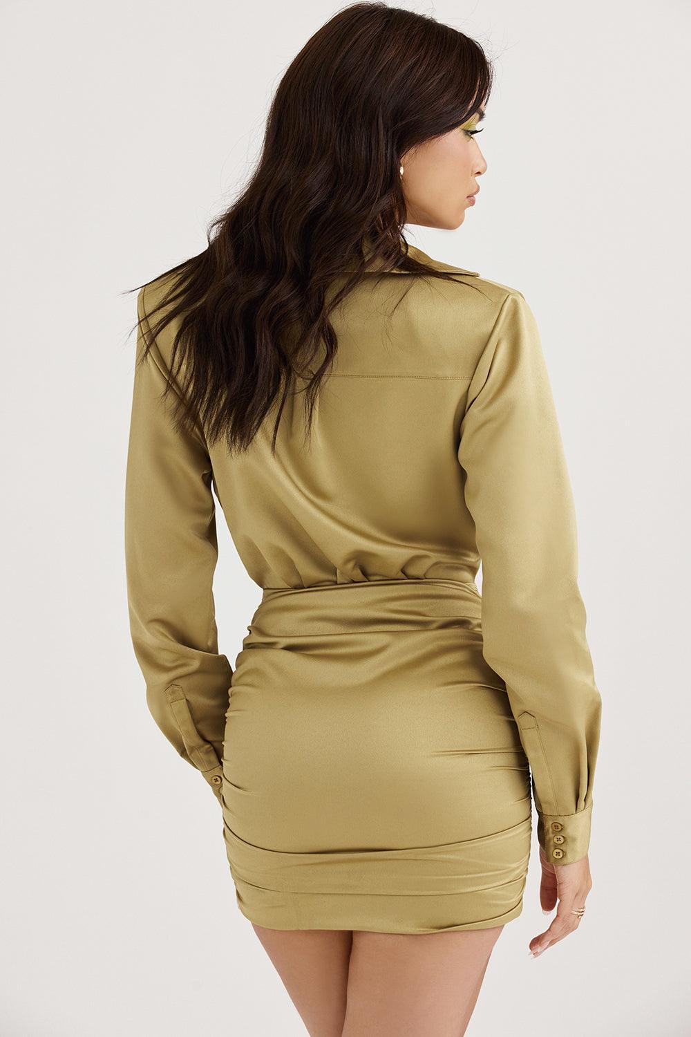 Satin Olive Shirt Dress | Luxurious Shine