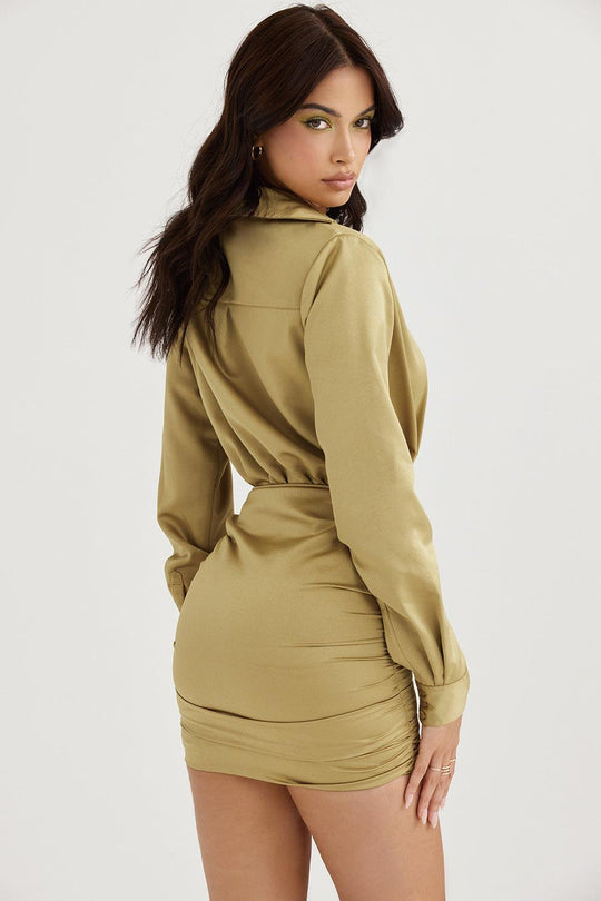 Satin Olive Shirt Dress | Luxurious Shine