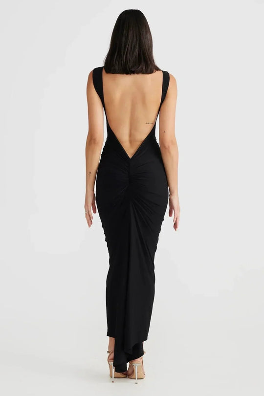 Long Draped and Fitted Dress without Back | Elegant and Fitted