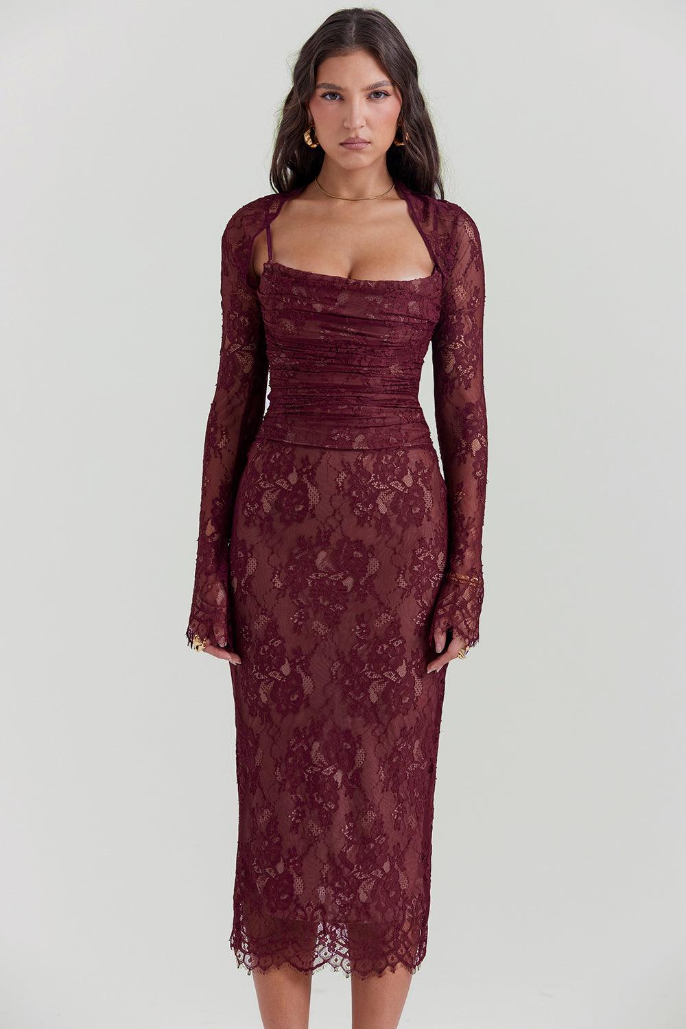 Olivia | Burgundy Lace Midi Dress - Rich & Romantic