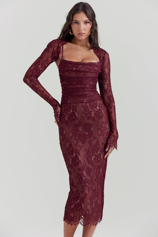 Olivia | Burgundy Lace Midi Dress - Rich & Romantic