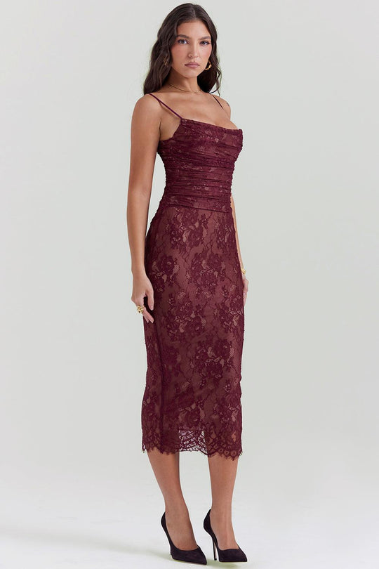 Olivia | Burgundy Lace Midi Dress - Rich & Romantic