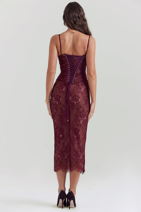 Olivia | Burgundy Lace Midi Dress - Rich & Romantic