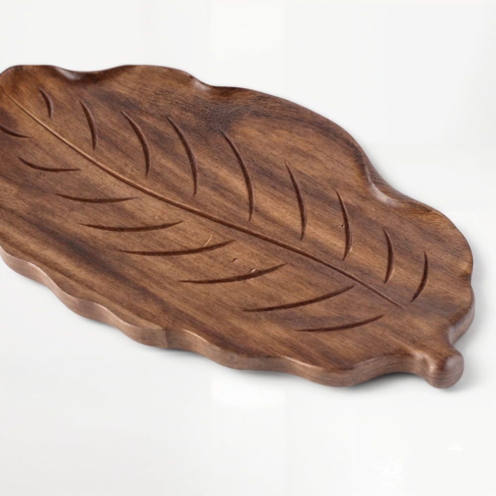 Artistic wooden serving platter with walnut leaves | Eco-friendly elegance for desserts, snacks, and jewelry