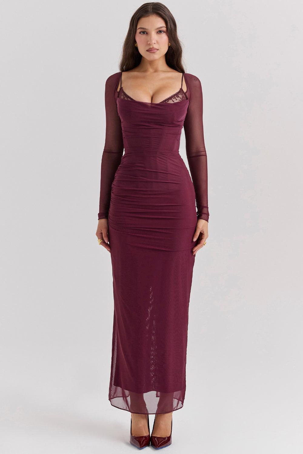 Dark Red Maxi Dress with Long Sleeves | Bold and Elegant