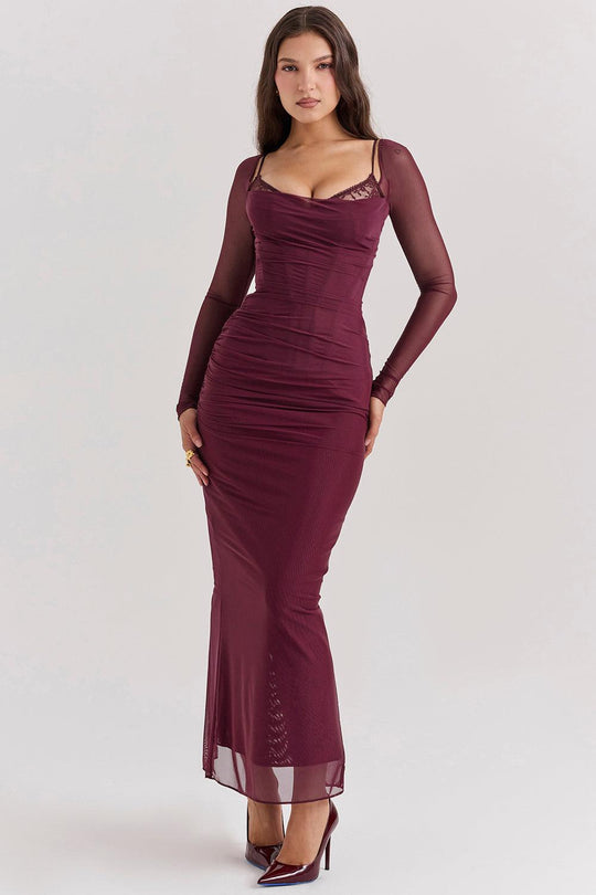 Dark Red Maxi Dress with Long Sleeves | Bold and Elegant