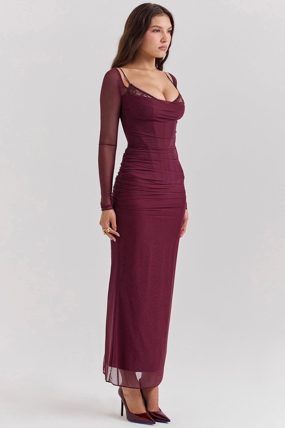 Dark Red Maxi Dress with Long Sleeves | Bold and Elegant