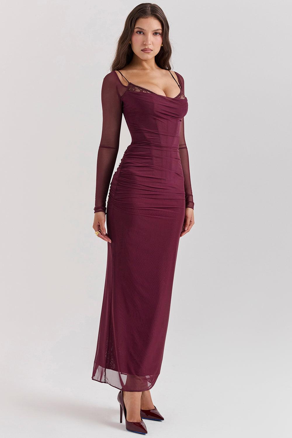 Dark Red Maxi Dress with Long Sleeves | Bold and Elegant