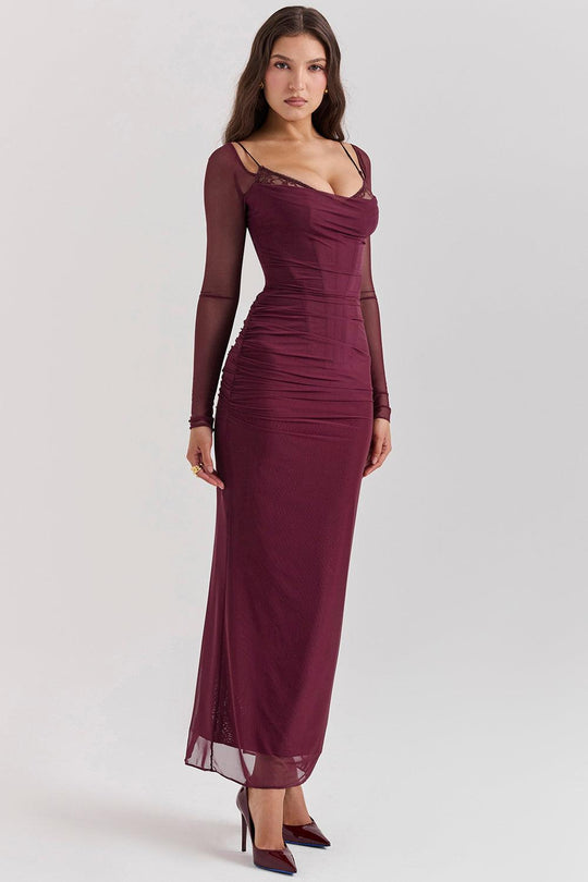 Dark Red Maxi Dress with Long Sleeves | Bold and Elegant