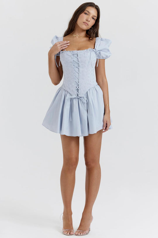 Sophia | Sweet Blue Mini Corset Dress - Embroidered & Delicate