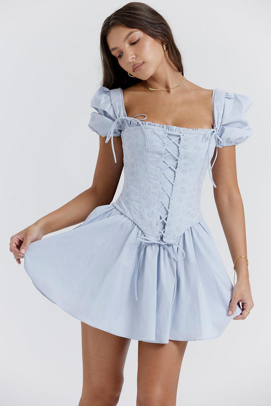 Sophia | Sweet Blue Mini Corset Dress - Embroidered & Delicate