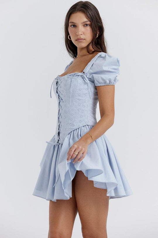 Sophia | Sweet Blue Mini Corset Dress - Embroidered & Delicate