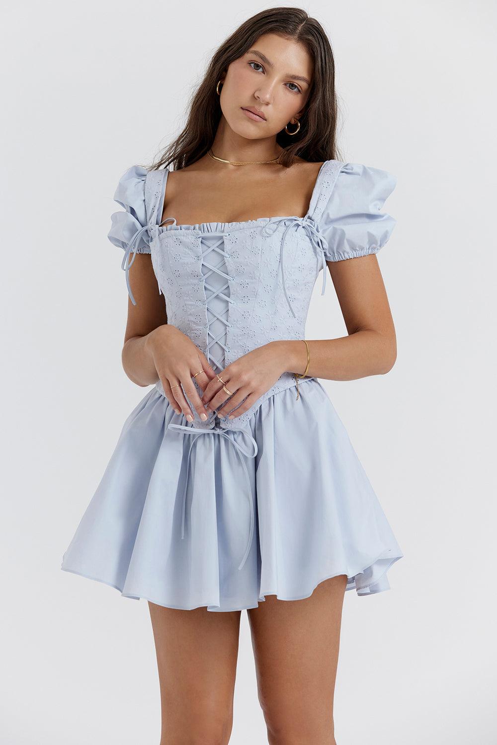 Sophia | Sweet Blue Mini Corset Dress - Embroidered & Delicate