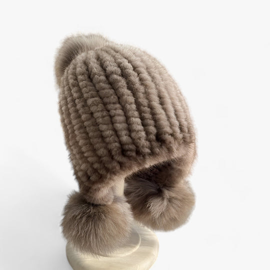 Simmie | Mink Fur Hat - Luxurious Warmth with Fox Fur Pom Pom