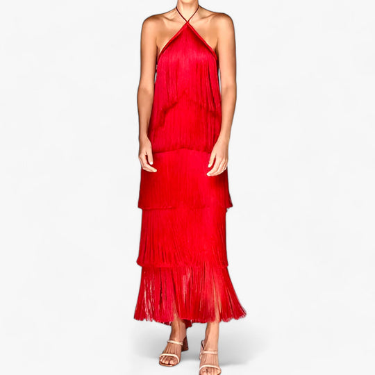 SERENA - Sleeveless Halter Dress - Glamorous Fringe Details