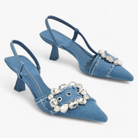 Denim High Heels | Chic and Elegant with Diamond Buckle