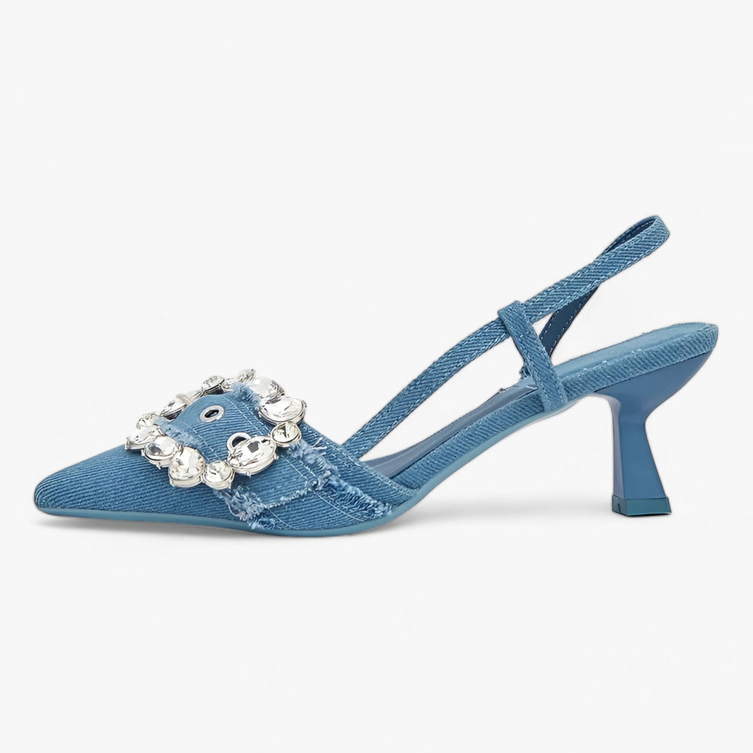 Denim High Heels | Chic and Elegant with Diamond Buckle