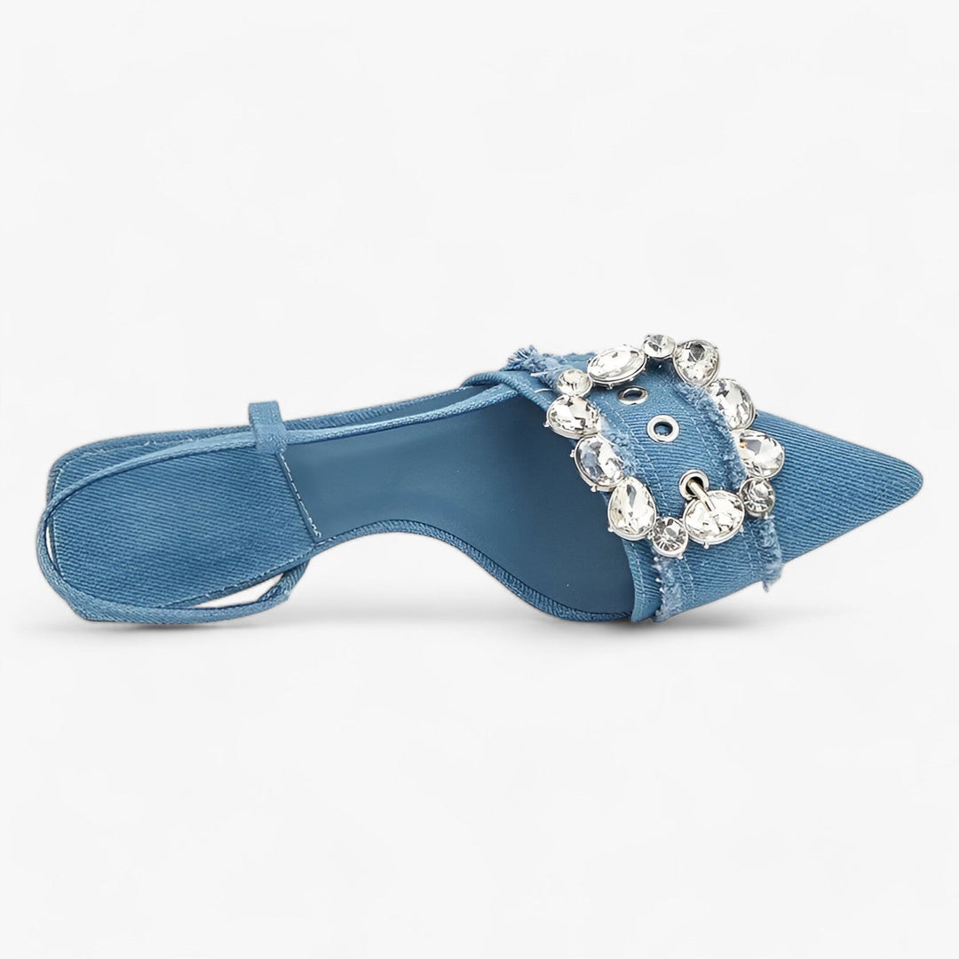 Denim High Heels | Chic and Elegant with Diamond Buckle