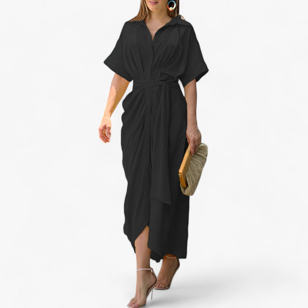 VALERIA - Elegant Midi Dress - Refined Style with Folded Collar & Tied Waist Belt