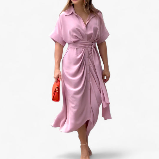 VALERIA - Elegant Midi Dress - Refined Style with Folded Collar & Tied Waist Belt