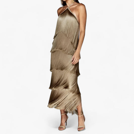 SERENA - Sleeveless Halter Dress - Glamorous Fringe Details