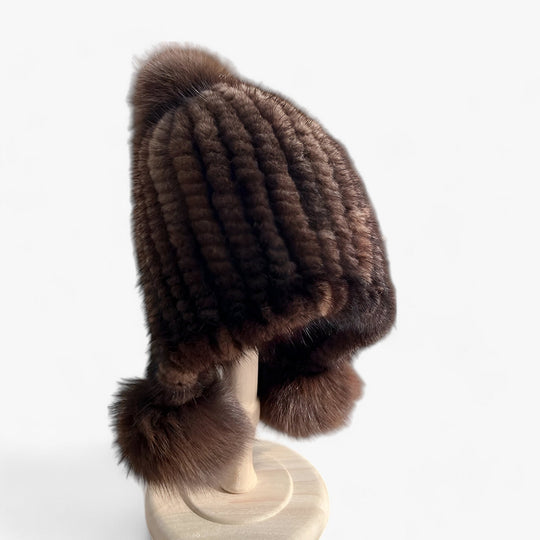 Simmie | Mink Fur Hat - Luxurious Warmth with Fox Fur Pom Pom