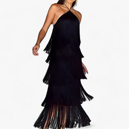 SERENA - Sleeveless Halter Dress - Glamorous Fringe Details