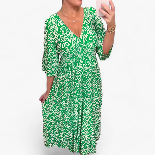 FLORA - Large Floral Dress with V Neck - Perfect for Beach Vacations