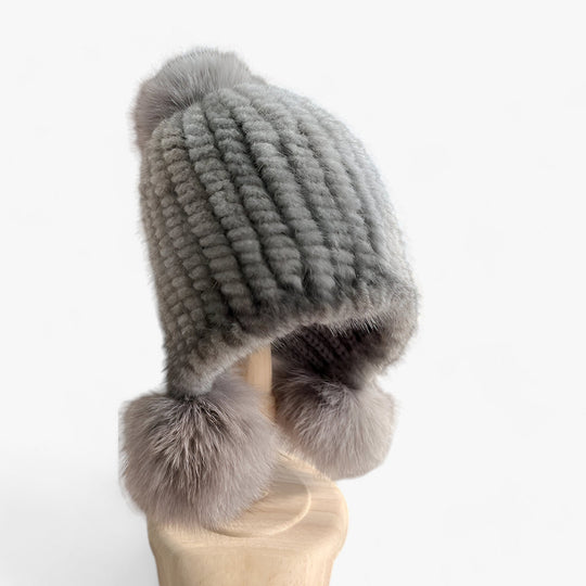 Simmie | Mink Fur Hat - Luxurious Warmth with Fox Fur Pom Pom