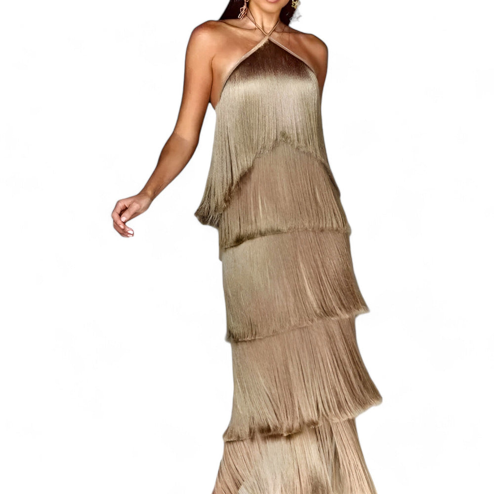 SERENA - Sleeveless Halter Dress - Glamorous Fringe Details