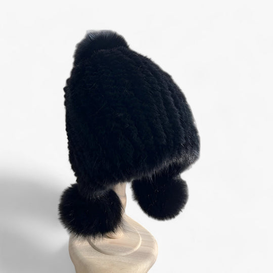 Simmie | Mink Fur Hat - Luxurious Warmth with Fox Fur Pom Pom