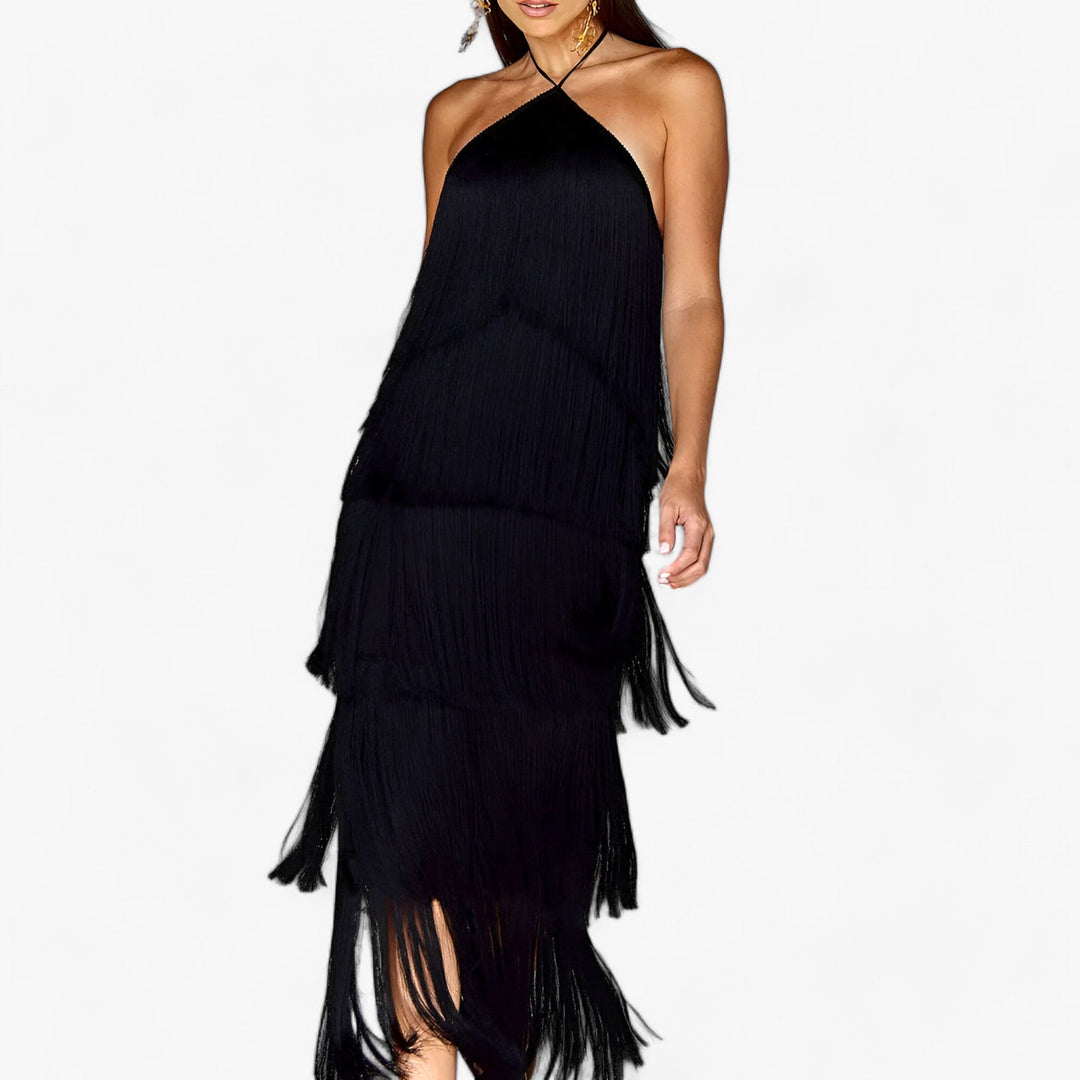 SERENA - Sleeveless Halter Dress - Glamorous Fringe Details