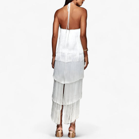 SERENA - Sleeveless Halter Dress - Glamorous Fringe Details