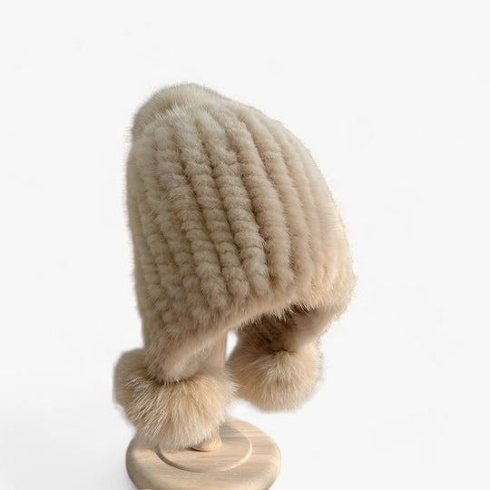 Simmie | Mink Fur Hat - Luxurious Warmth with Fox Fur Pom Pom