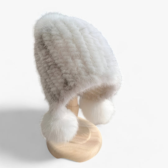 Simmie | Mink Fur Hat - Luxurious Warmth with Fox Fur Pom Pom