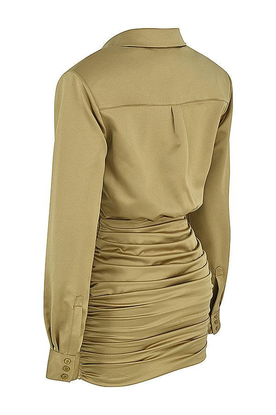 Satin Olive Shirt Dress | Luxurious Shine