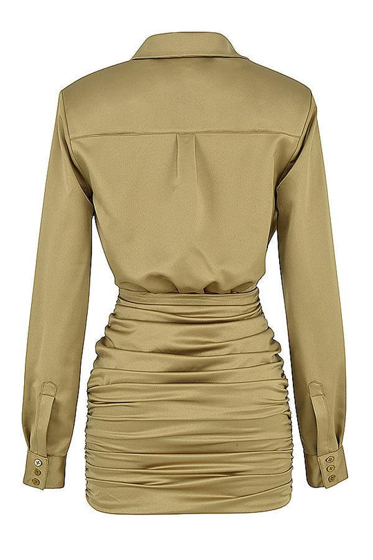 Satin Olive Shirt Dress | Luxurious Shine