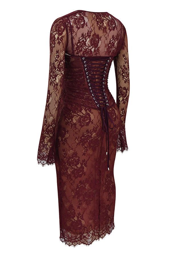 Olivia | Burgundy Lace Midi Dress - Rich & Romantic