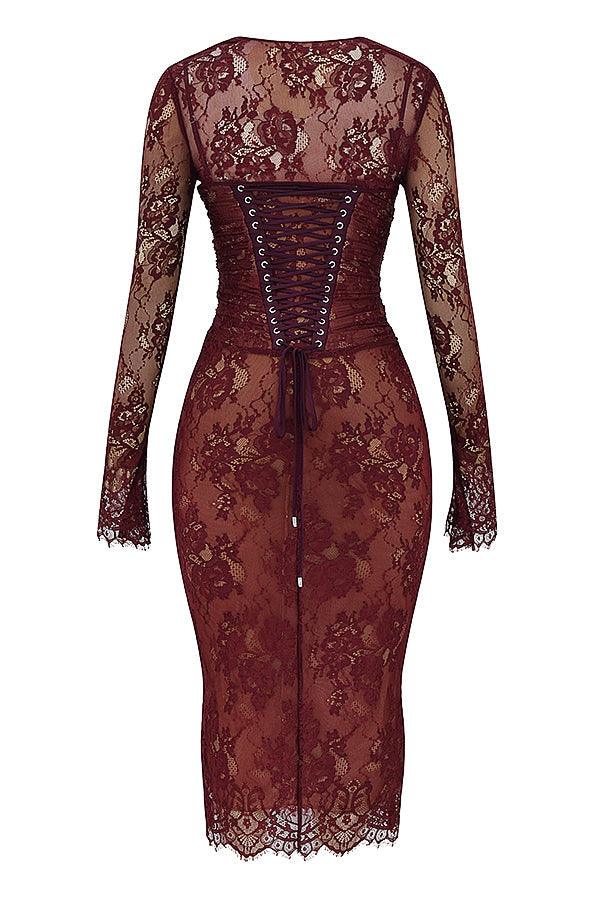 Olivia | Burgundy Lace Midi Dress - Rich & Romantic