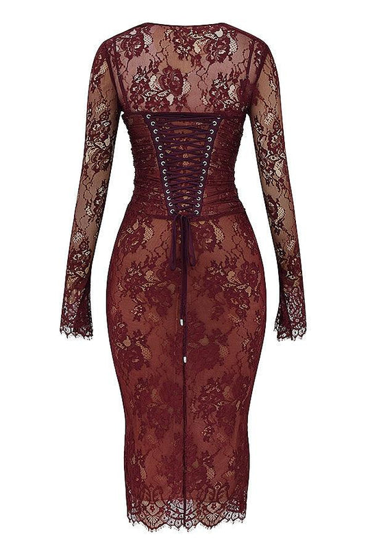 Olivia | Burgundy Lace Midi Dress - Rich & Romantic